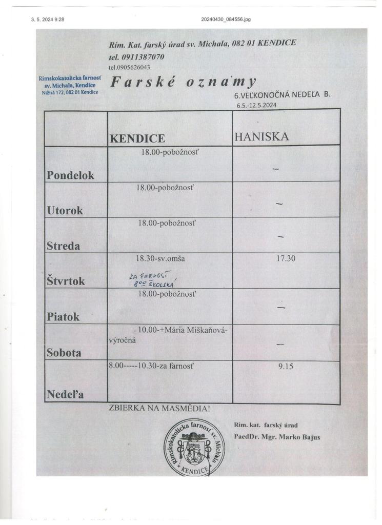 Farské oznamy od 6.5.-12.5.2024