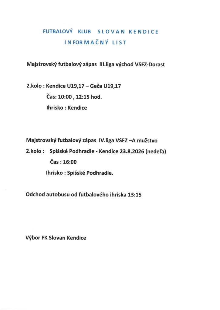 Informačný list - FK Slovan Kendice
