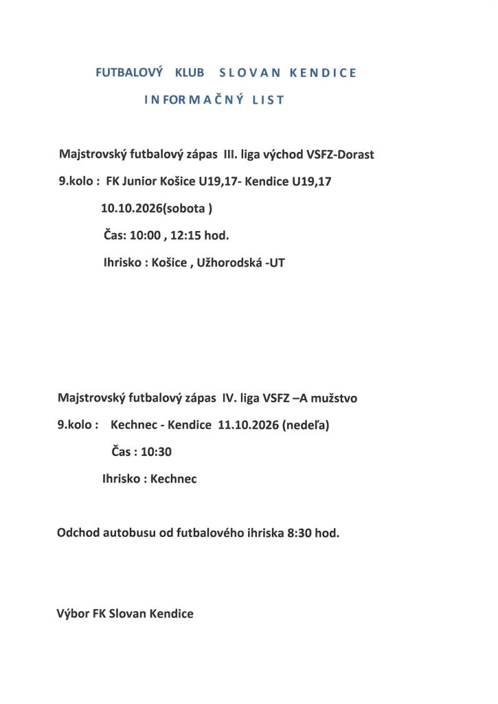 Informačný list - FK Slovan Kendice