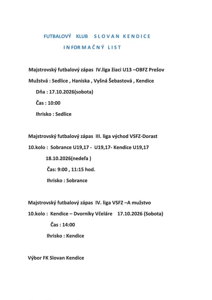 Informačný list - FK Slovan Kendice