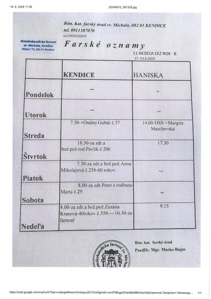 Farské oznamy od&nbsp;17.6.-23.6.2024