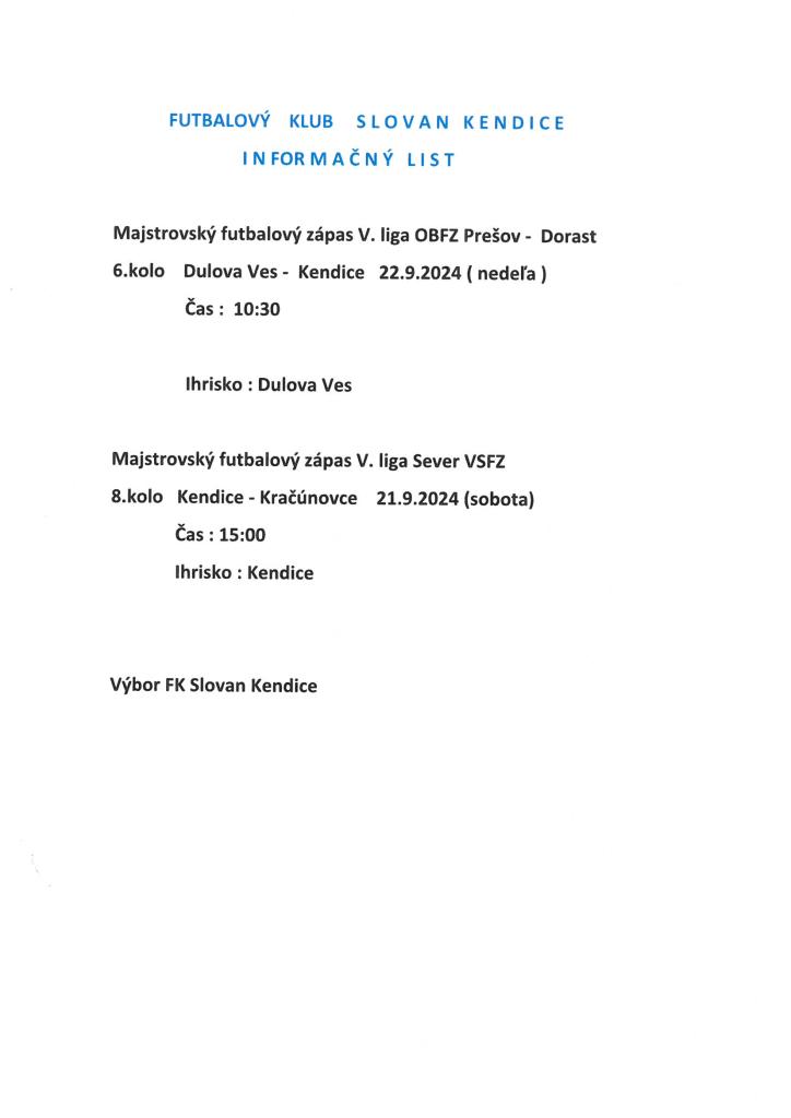 Informačný list - FK Slovan Kendice