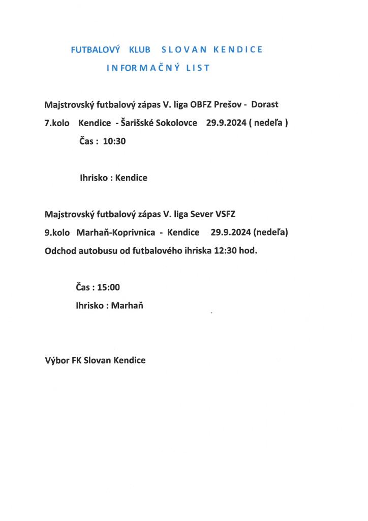 Informačný list - FK Slovan Kendice