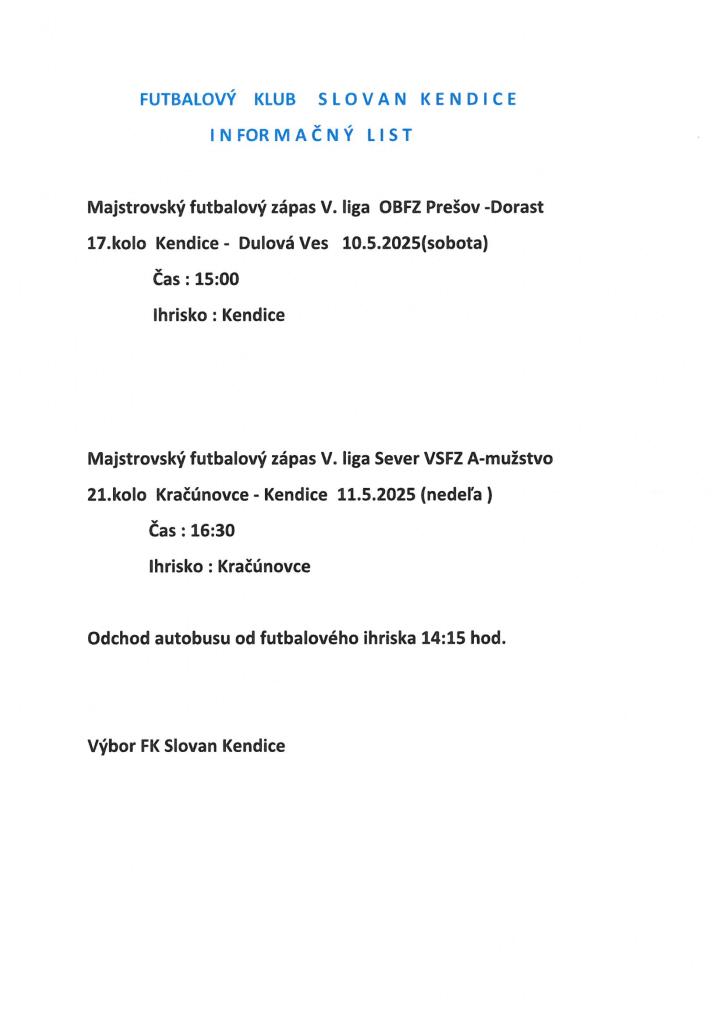 Informačný list - FK Slovan Kendice