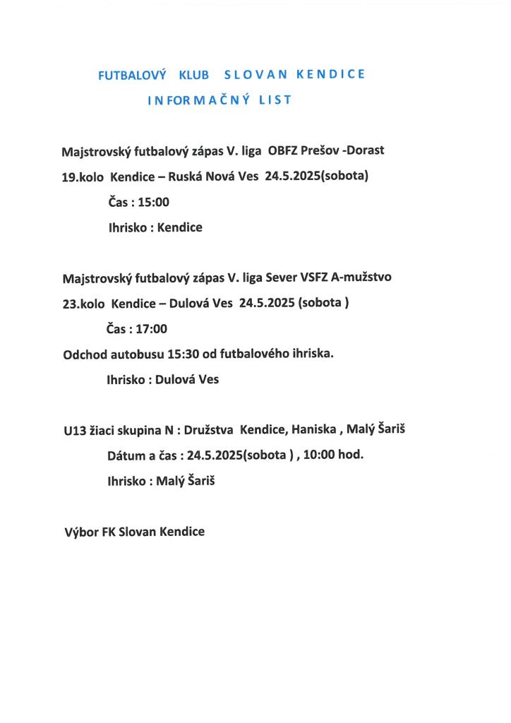 Informačný list - FK Slovan Kendice