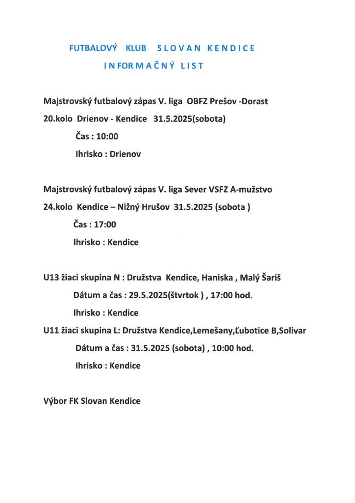 Informačný list - FK Slovan Kendice