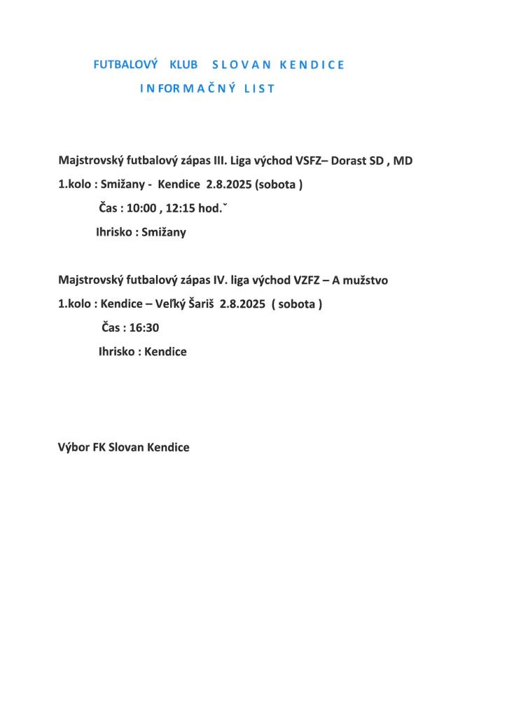 Informačný list - FK Slovan Kendice