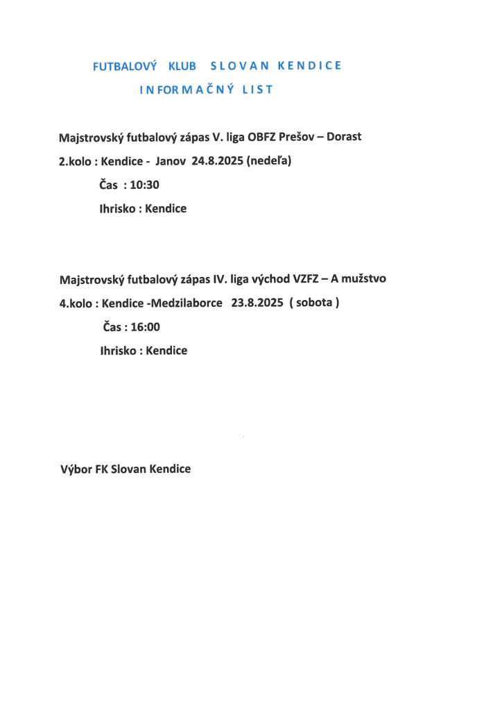 Informačný list - FK Slovan Kendice