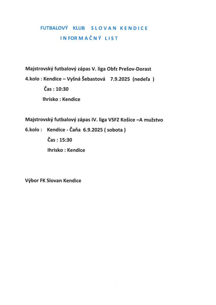 Informačný list - FK Slovan Kendice