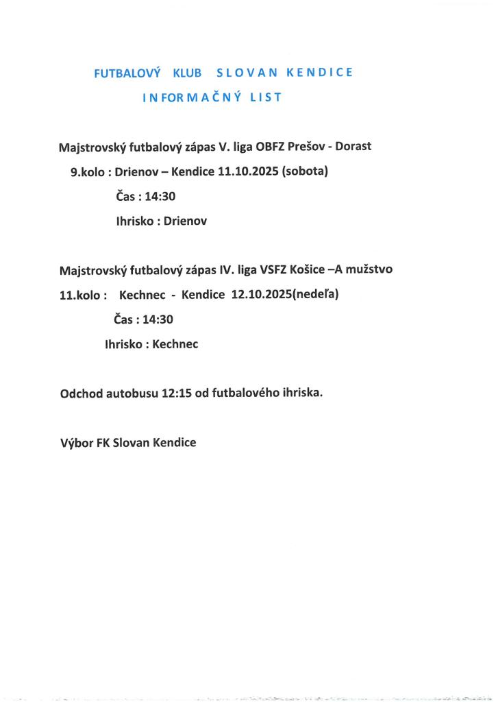Informačný list - FK Slovan Kendice