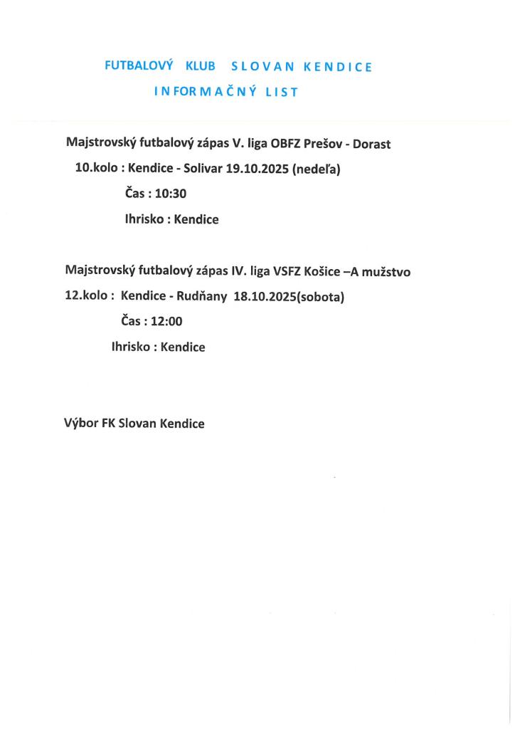 Informačný list - FK Slovan Kendice