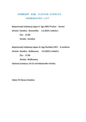 FK Slovan Kendice- Informačný list